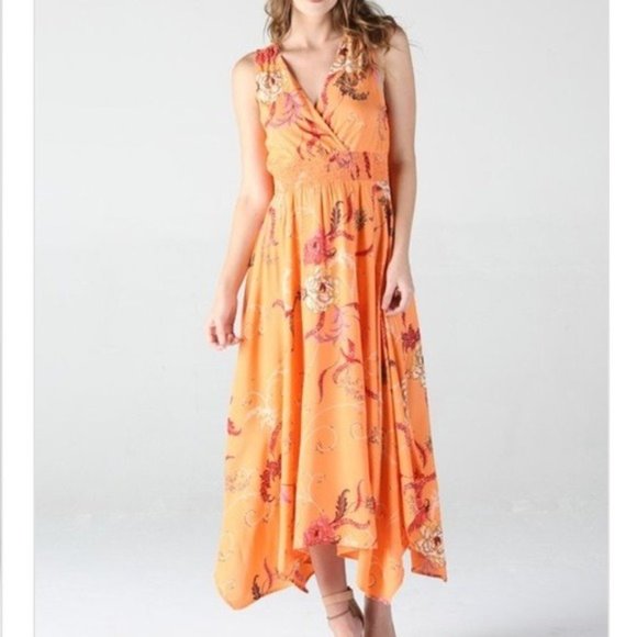 Orange Floral Hanky Hem Midi Dress - Picture 11 of 13